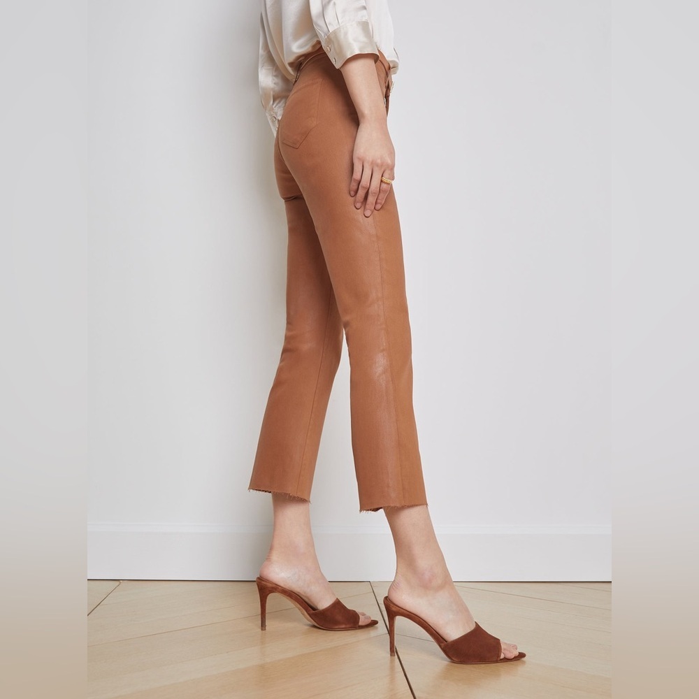 L’AGENCE Jeans Kendra Coated Cropped Flare Java Tan Denim Women Size 25 NWOT NEW - Picture 3 of 12